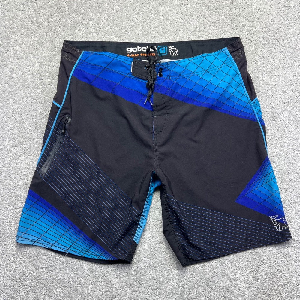 Y2k Gotcha Mens Board Shorts Sz 38 Black Blue Geometric 4-Way Stretch Swim Surf